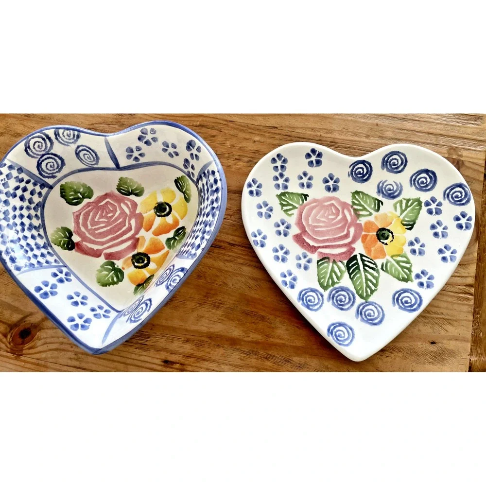Ancora Italy Hand Painted Ceramic Heart Bowl & Plate Set Floral Rose Folk Art